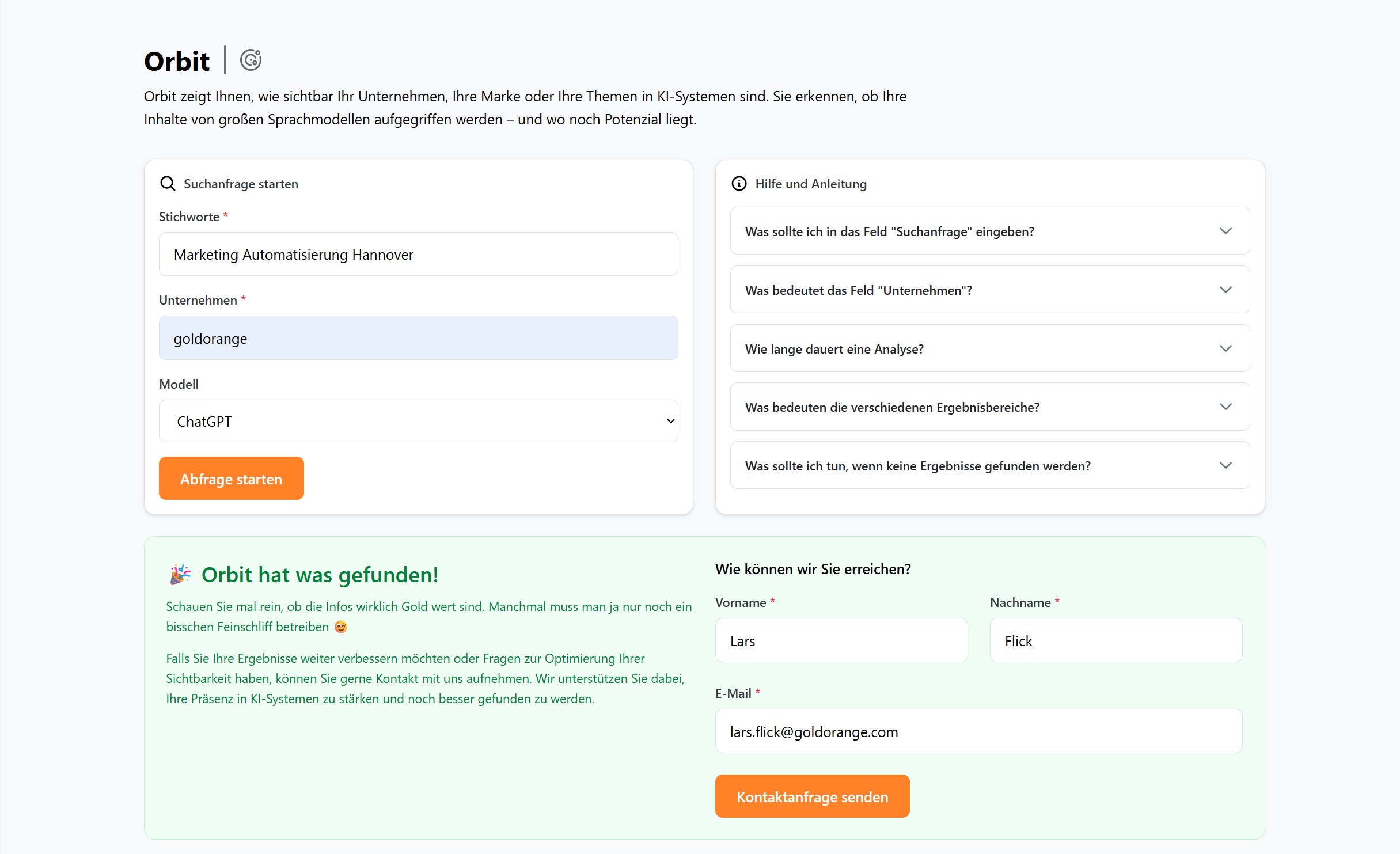 Kostenloser LLM-Sichtbarkeits-Check mit ORBIT: Eingabe & Ergebnis