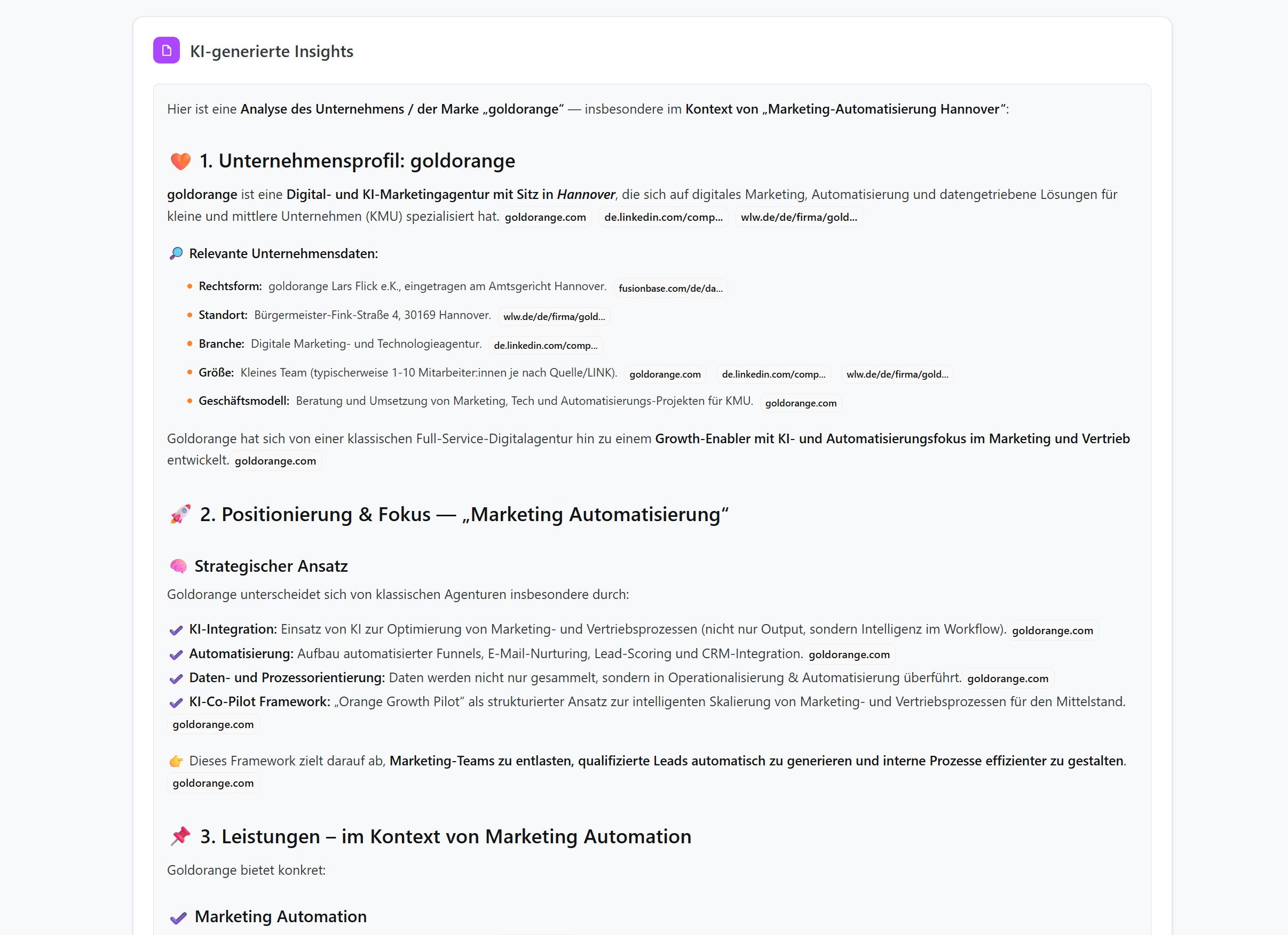 ORBIT liefert strukturierte KI-Insights zu Positionierung, Leistungen und Kontext Ihrer Marke – verständlich aufbereitet und strategisch einordbar.